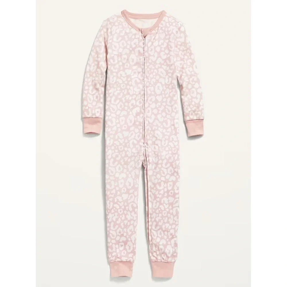 Old Navy Kids Pink Leopard Print Zip Front Cotton One Piece Pajamas 4T NEW